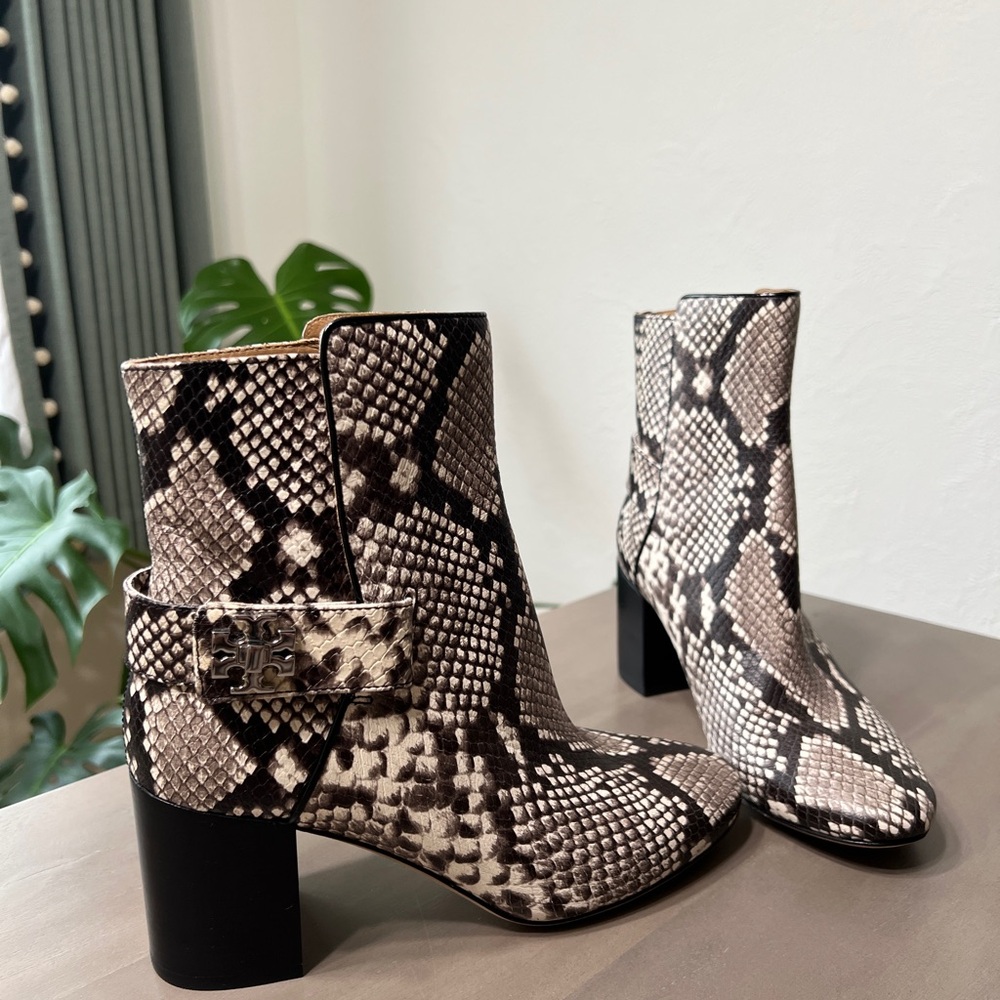 Tory Burch Kira Snakeskin Print Embossed Black and Cream Snake Print Ankle Boots